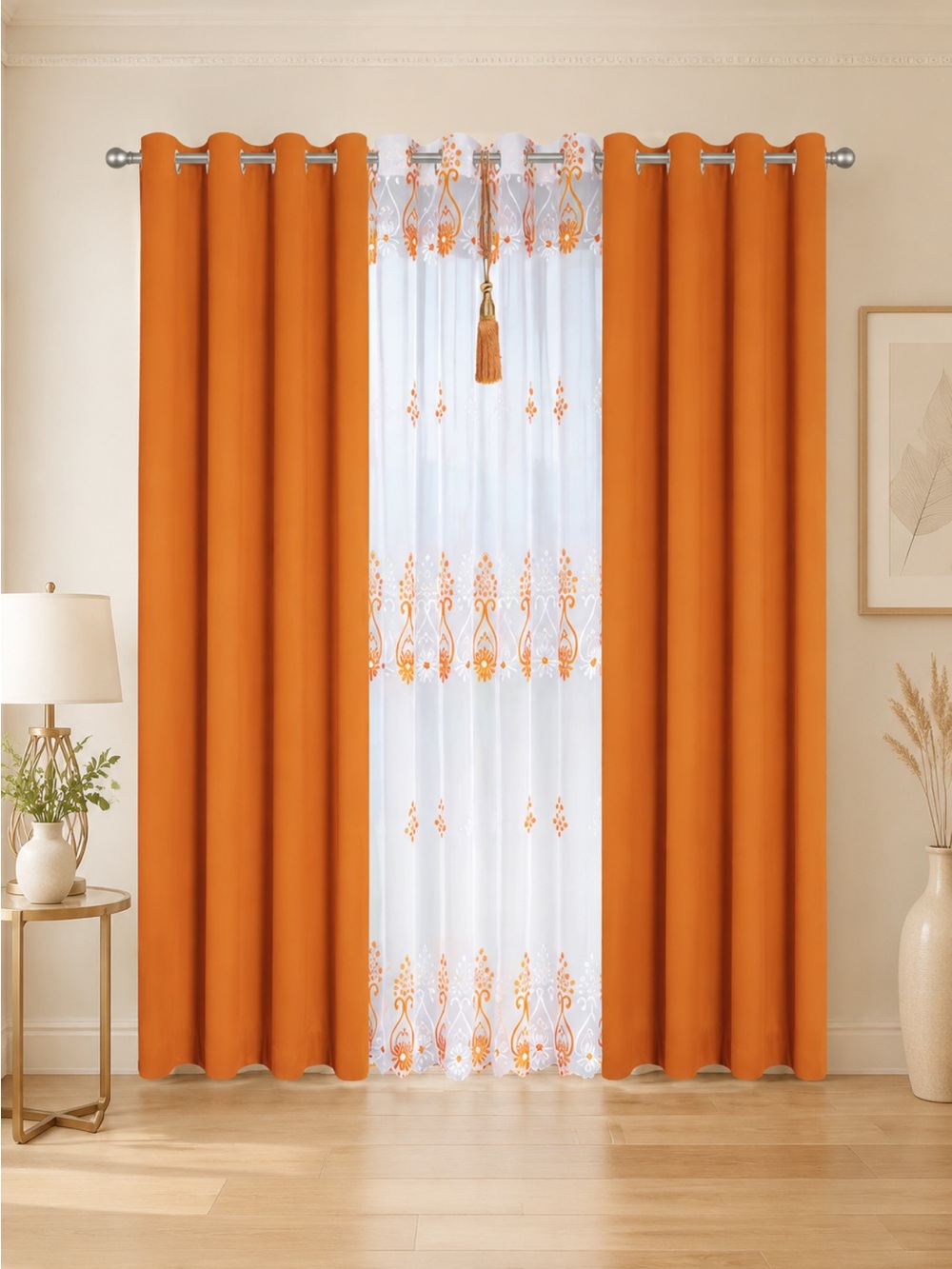 Home Accents Orange Grommet Curtain Panel Set with Embroidered White Sheer